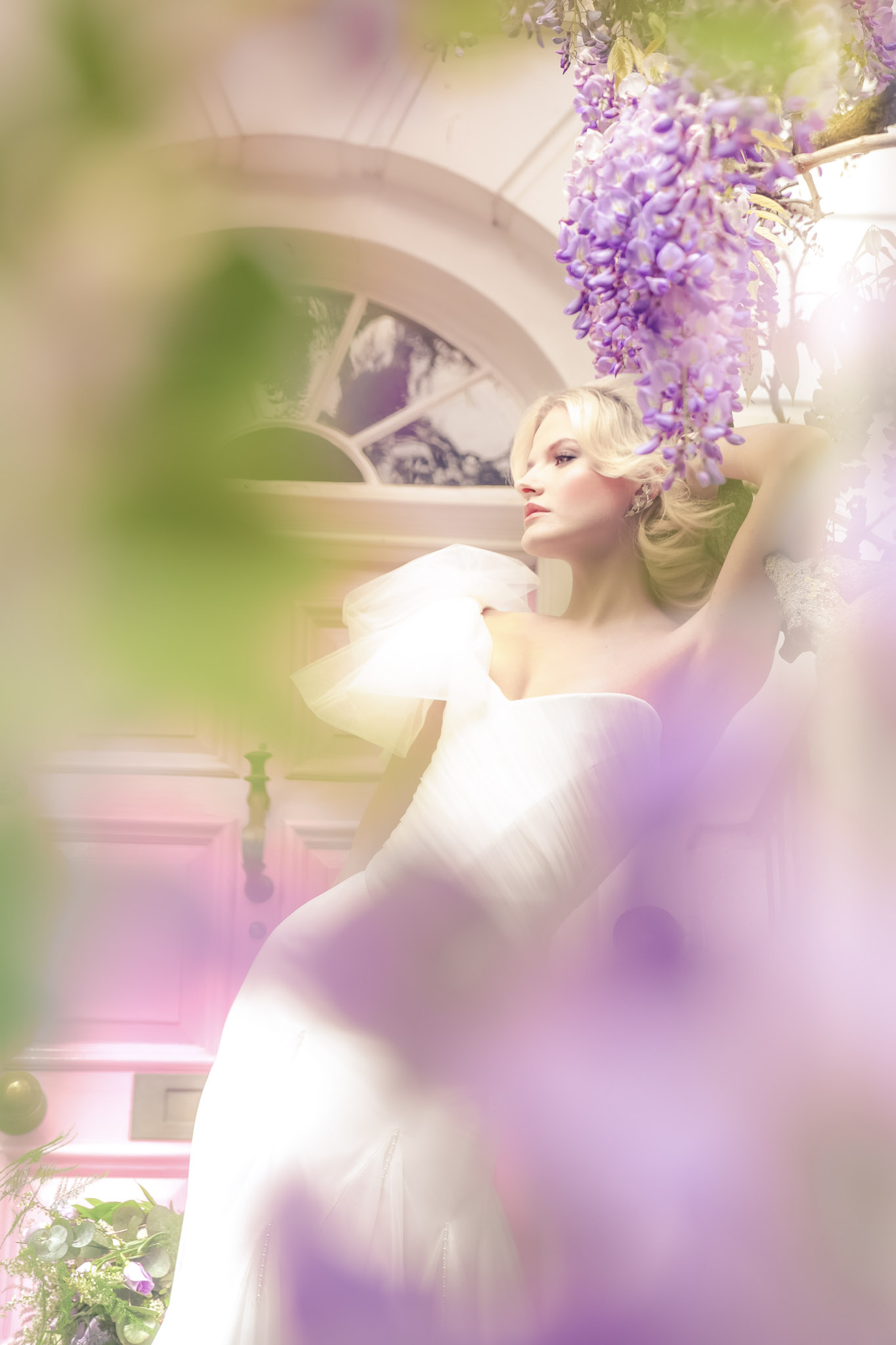 Ivory, Tulle, Couture Fitted Corset with Elegant Shoulder Bow & Layered Tulle Skirt